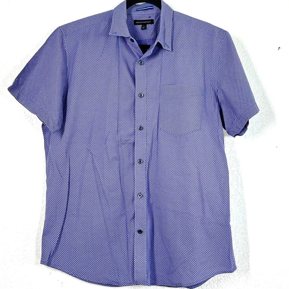 L Men's Shirt Short Sleeve Button Up Down Cotton Blue Banana Republic